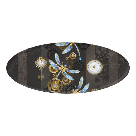 茶色の背景にスチームパンクストライプのトンボ 名札 (正面)