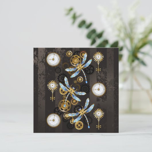 茶色の背景にスチームパンクストライプのトンボ 案内状 (スタンド正面)