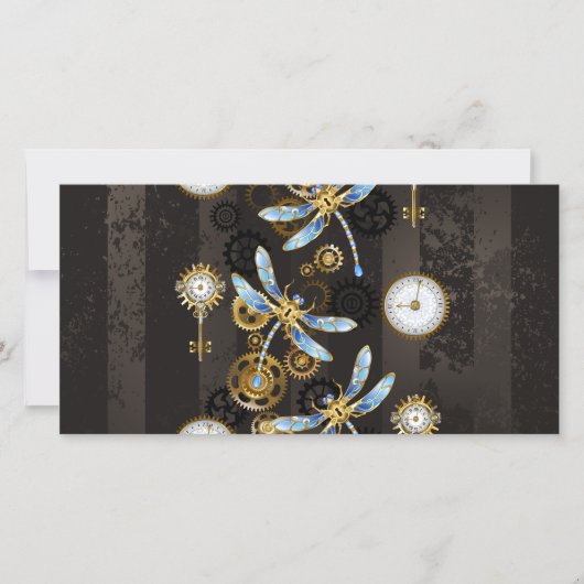 茶色の背景にスチームパンクストライプのトンボ 案内状 (正面)