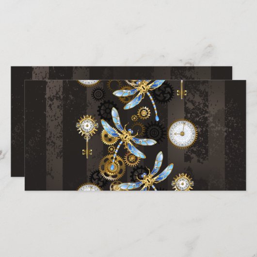 茶色の背景にスチームパンクストライプのトンボ 案内状 (正面/裏面)