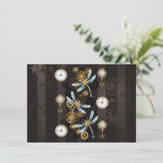 茶色の背景にスチームパンクストライプのトンボ 案内状 (スタンド正面)