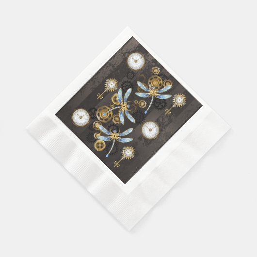 茶色の背景にスチームパンクストライプのトンボ 縁ありランチョンナプキン (角)