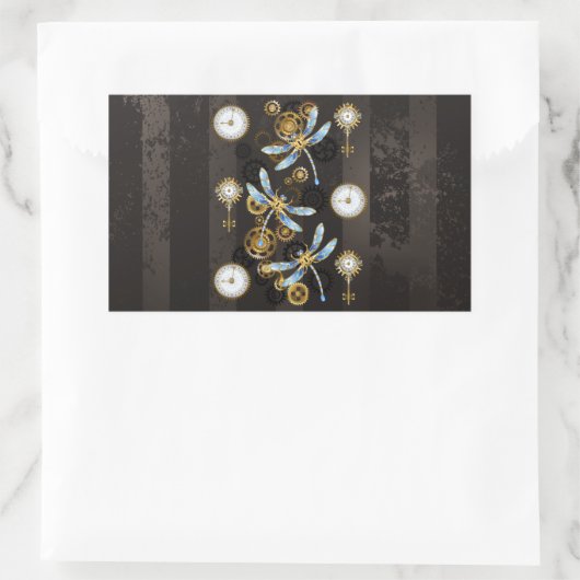 茶色の背景にスチームパンクストライプのトンボ 長方形シール (バッグ)