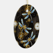 茶色の背景にスチームパンク・ドラゴストライプのンバエ セラミックオーナメント (右)