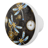 茶色の背景にスチームパンク・ドラゴストライプのンバエ セラミックノブ (右)