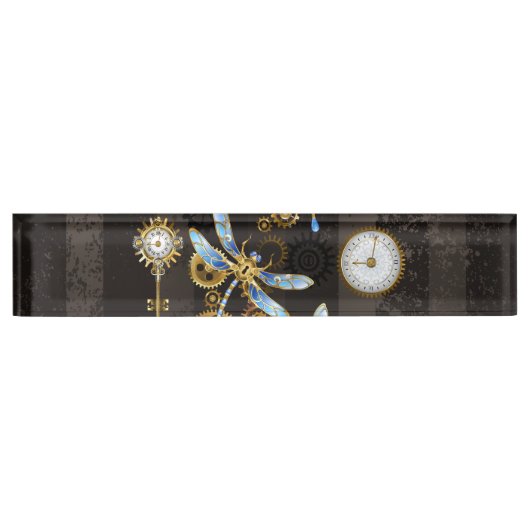 茶色の背景にスチームパンク・ドラゴストライプのンバエ デスクネームプレート (正面)