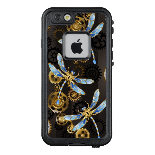 茶色の背景にスチームパンク・ドラゴストライプのンバエ LifeProof iPhoneケース (裏面)