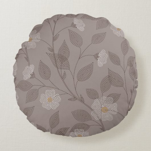 茶色の背景に刺葉繍した花と ラウンドクッション (正面)