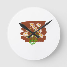 茶色の背景に描かれたレトロな花柄デザイン ラウンド壁時計