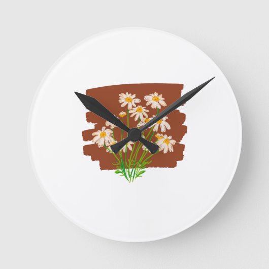 茶色の背景に描かれたレトロな花柄デザイン ラウンド壁時計 (正面)
