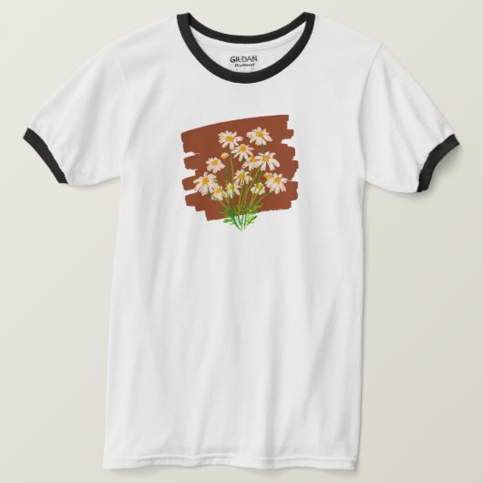 茶色の背景に描かれたレトロな花柄デザイン Tシャツ (デザイン正面)