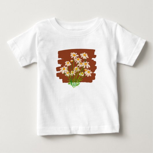茶色の背景に描かれた牧歌的な花のデザイン ベビーTシャツ (正面)