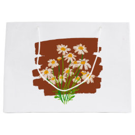 茶色の背景に描かれた牧歌的な花のデザイン ラージペーパーバッグ