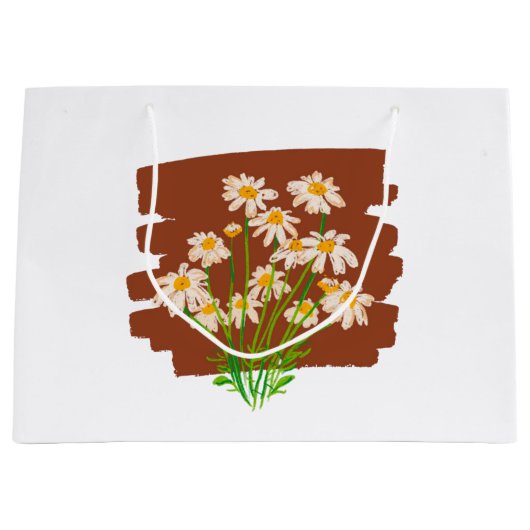 茶色の背景に描かれた牧歌的な花のデザイン ラージペーパーバッグ (正面)