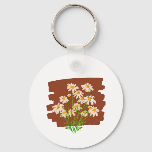 茶色の背景に描かれた牧歌的な花柄 キーホルダー (正面)