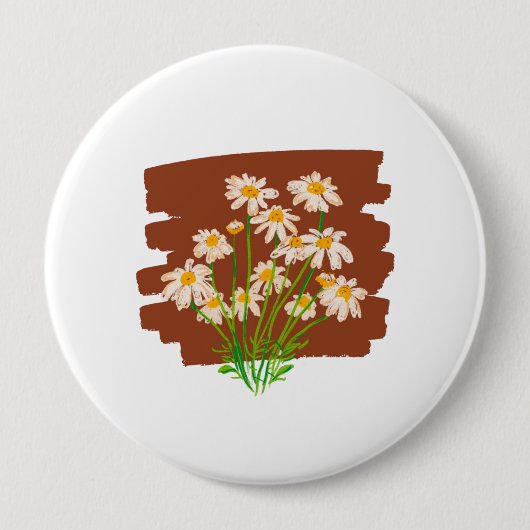 茶色の背景に描かれた牧歌的な花柄 缶バッジ (正面)