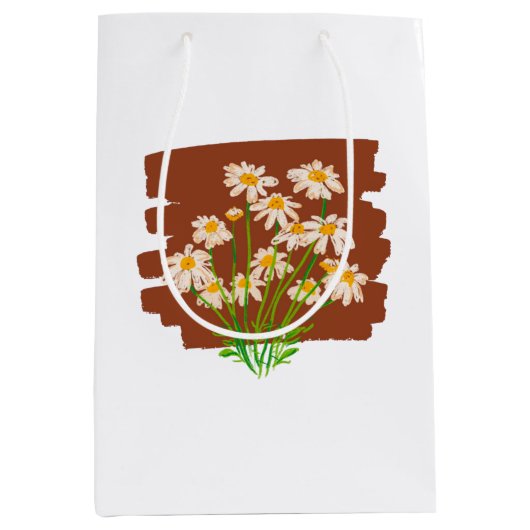 茶色の背景に描かれた田舎風の花柄デザイン ミディアムペーパーバッグ (正面)