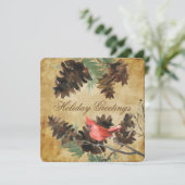 茶色の背景に赤いカーディナルと松ぼっくり ホリデーカード (スタンド正面)