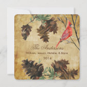 茶色の背景に赤いカーディナルと松ぼっくり ホリデーカード (裏面)