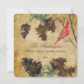 茶色の背景に赤いカーディナルと松ぼっくり ホリデーカード (裏面)