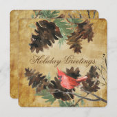 茶色の背景に赤いカーディナルと松ぼっくり ホリデーカード (正面/裏面)