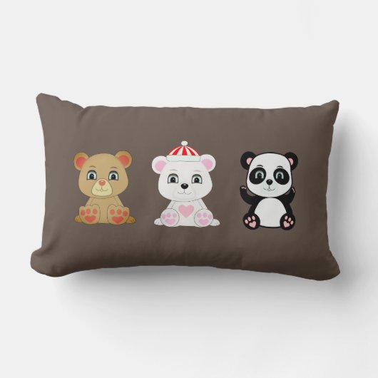 茶色の背景に3匹のかわいいクマの漫画 ランバークッション (正面)