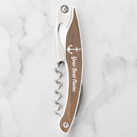 茶色の航海の木目のパーソナライズされたボート名 ソムリエナイフ (正面)