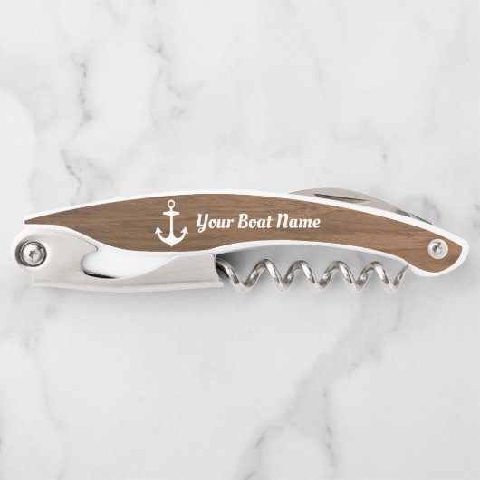 茶色の航海の木目のパーソナライズされたボート名 ソムリエナイフ (正面)
