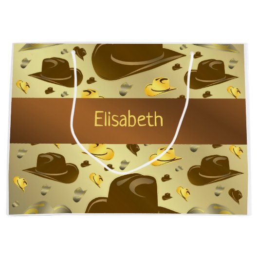 茶色の色の大きな贈り物の小さなカウボーイのパターン ラージペーパーバッグ (正面)