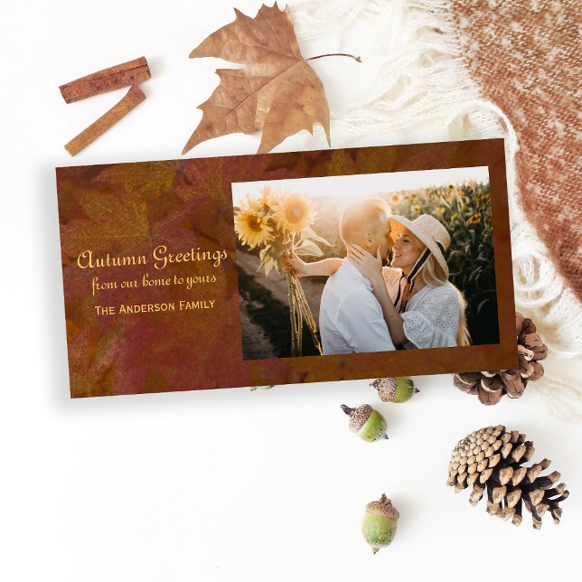 茶色の色葉のAutumn Greetings Photo Card (Send warm Autumn Greetings with this seasonal photo card.)
