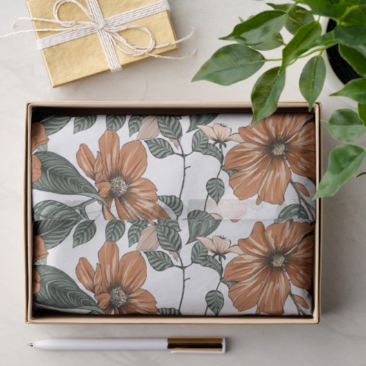 茶色の花と緑の葉花の模様 薄葉紙 (ギフト)