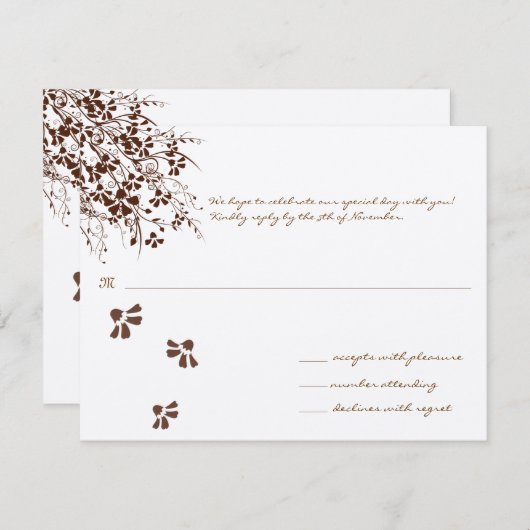 茶色の花の結婚式の返信カード 出欠カード (正面/裏面)