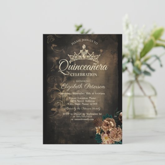 茶色の花ダマスコダークゴシックQuinceaenera 招待状 (スタンド正面)