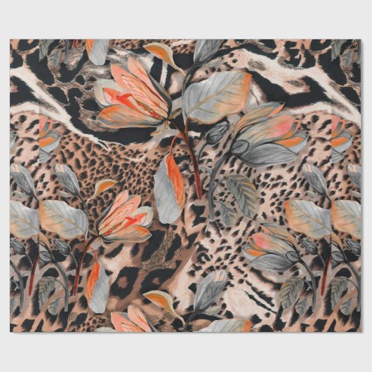 茶色の花パターのある野生のアフリカの動物の皮膚 ラッピングペーパー (フラット)
