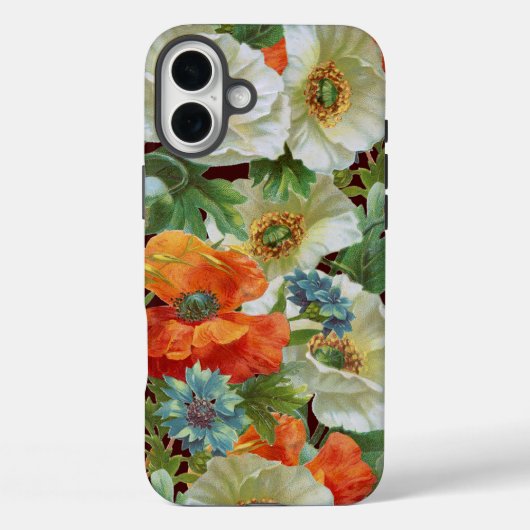 茶色の花柄に白とオレンジのポピー Case-Mate iPhoneケース (裏面)