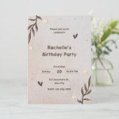 茶色の花柄の水彩の葉の誕生日パーティーへの招待状 招待状 (スタンド正面)