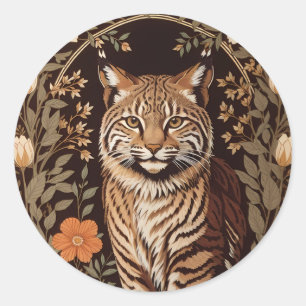 茶色の花柄の背景にいる優雅なボブキャット ラウンドシール