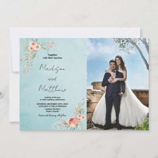 茶色の花緑の結婚式招待状と写真 招待状 (正面)