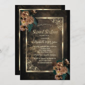 茶色の花金ゴールドフレームゴシック甘い16 招待状 (正面/裏面)