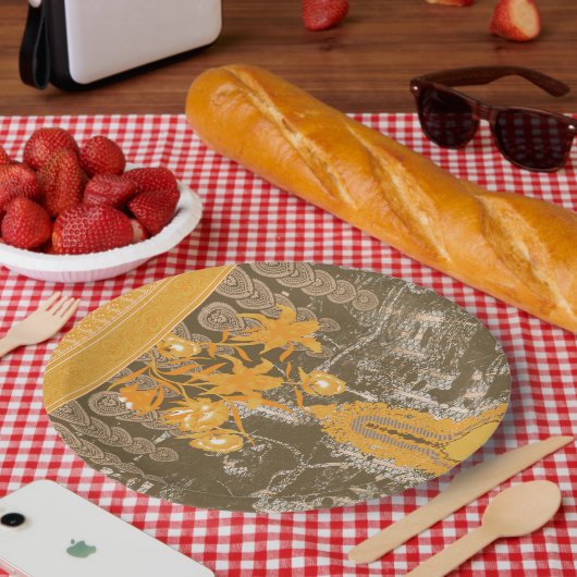 茶色の華美黒草にフローラと葉のモチーフ ペーパープレート (ピクニック)