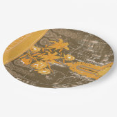 茶色の華美黒草にフローラと葉のモチーフ ペーパープレート (アングル)