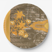茶色の華美黒草にフローラと葉のモチーフ ペーパープレート (正面)