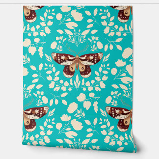 茶色の蛾&クリームの葉の壁紙ターコイズ 壁紙