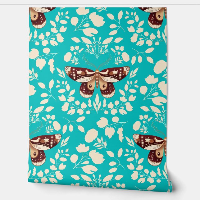 茶色の蛾&クリームの葉の壁紙ターコイズ 壁紙 (ほどく)