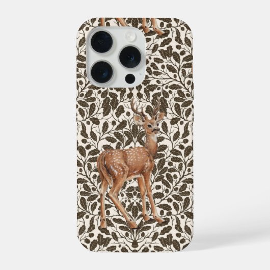 茶色の装飾的なオークダマスク模様の鹿 iPhoneケース (裏面)