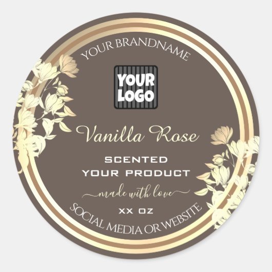 茶色の製品の包装ラベル金ゴールドフレームとロゴ ラウンドシール (正面)