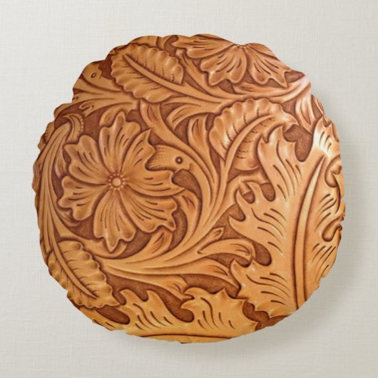 茶色の西素朴国の工具革 ラウンドクッション (正面)