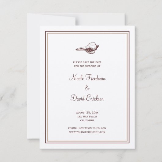茶色の貝殻 ウェディングアナウンス 保存日付のお知らせ 招待状 (正面)