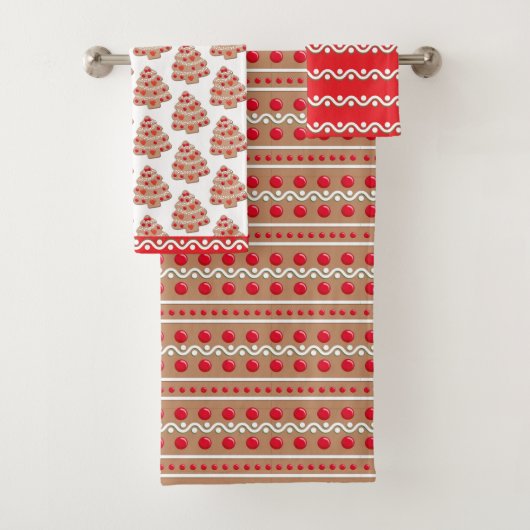 茶色の赤いクリスマスジンジャーブレッドのパターン バスタオルセット (インサイチュ)
