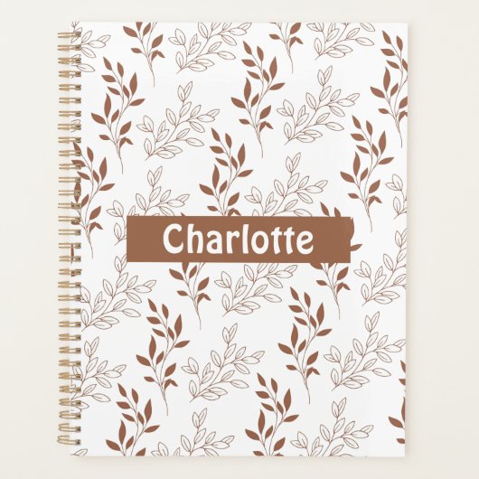 茶色の赤いレトロヴィンテージ葉パターン プランナー手帳 (正面)